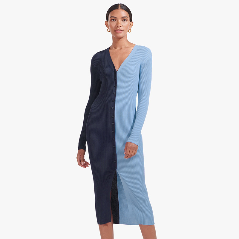 Damenbekleidung, modisch, Herbst- und Wintersaison, neues Temperament, Pendeln, Farbabstimmung, Knopf, hohe Taille, langes Kleid_voghion.com