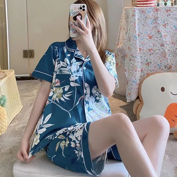 Baumwollähnliches Nachtwäsche-Set für Damen, langärmlig und kurzärmlig, bequemer Pyjama für Frühling und Sommer – Blumendruck, weicher Stoff, entspannte Passform (M-XXL)_voghion.com