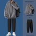 Felpa con cappuccio in pile tinta unita autunno e inverno, pantaloni lunghi con coulisse da uomo, studente adolescente più due pezzi,_voghion.com