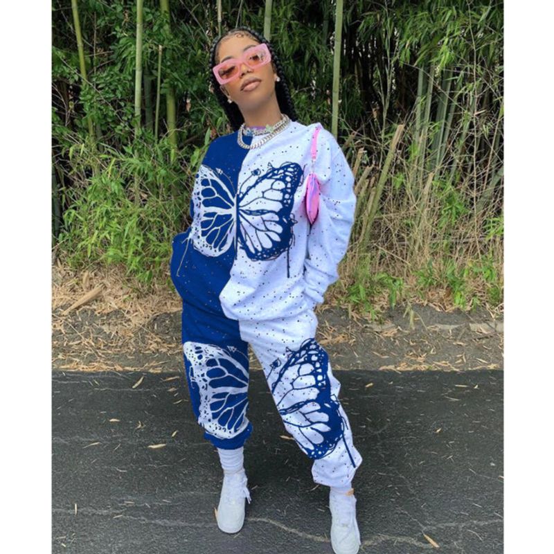 Spring and autumn women's clothing butterfly print popular long-sleeved casual pants fashion suit_voghion.com