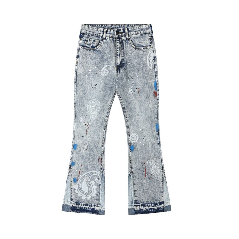 Men's Clothing European And American High Street Fashion Embroidery Letters Ink Cashew Flower Full Print Flared High Street Casual Pants Men's_voghion.com