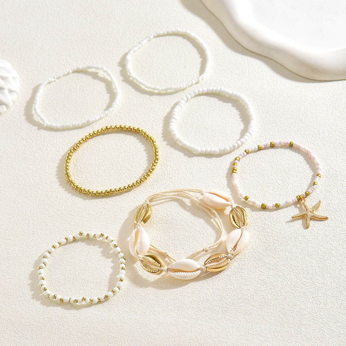 Gold Bangles Gold Bracelet Summer Shell Bracelet Set Bohemian White Rice Beads Beach Vacation Style Layered Jewelry For Women_voghion.com