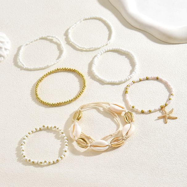 Gold Bangles Gold Bracelet Summer Shell Bracelet Set Bohemian White Rice Beads Beach Vacation Style Layered Jewelry For Women_voghion.com