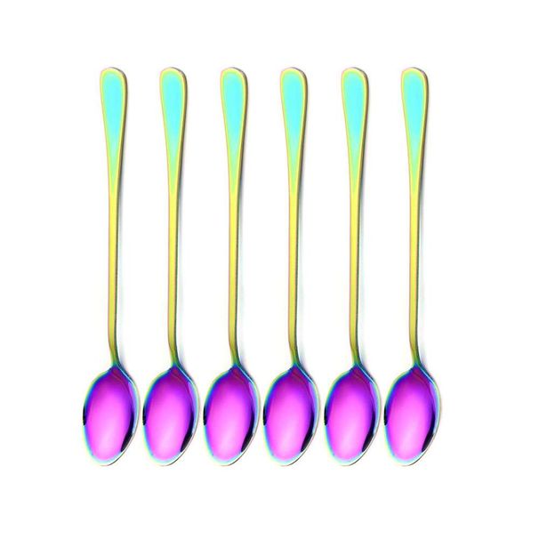 1Set Stainless Steel Long-handled Spoon Rainbow Dessert Ice Cream Coffee Spoon Stirring Teaspoons Coffee Spoon Flatware Set_voghion.com