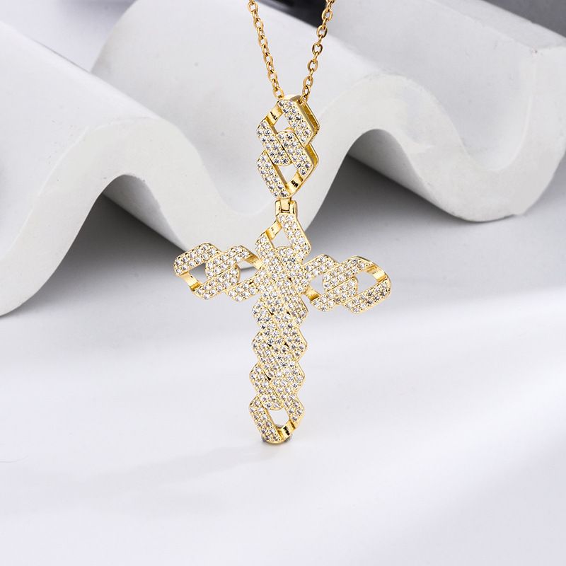 Collana con ciondolo a croce in oro con catena cubana, resistente allo sbiadimento, regalo di Natale_voghion.com