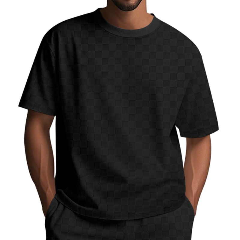 Men's Summer New Checkerboard Check Short-sleeved T-shirt Loose Drop Shoulder Round Neck Casual Tops_voghion.com