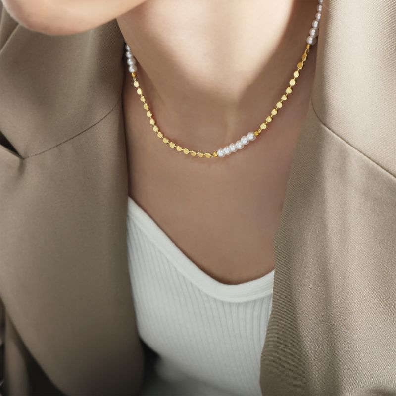 Perle d'acqua dolce minimaliste combinano perle di lenticchie in ottone per le donne, gioielli a strati delicati, collana regolabile con clavicola_voghion.com