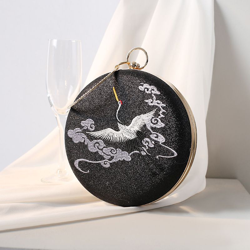 Pochette de soirée ronde de luxe vintage brodée de grues – Cuir synthétique avec doublure satinée, fermeture à cadenas et bandoulière amovible_voghion.com