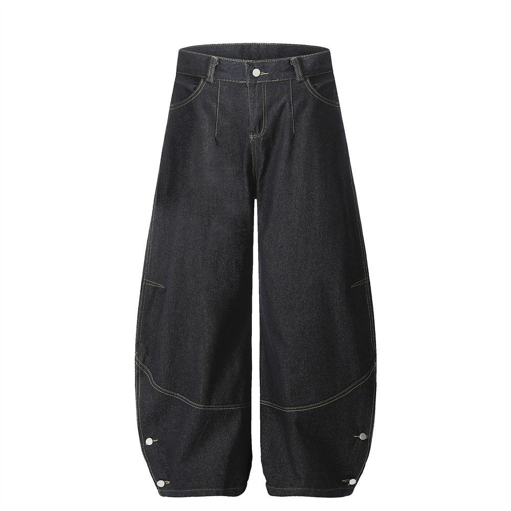 Button Split Scimitar Jeans Men's Street Trendy Vibe Style Loose Versatile Wide-Leg Pants Floor-Length Trousers_voghion.com
