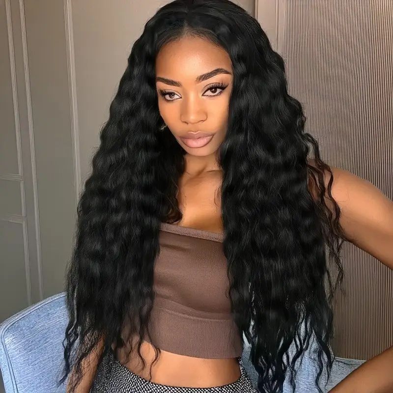 Keskmise lahkumisega maisikommidega lokkis parukas must keemilisest kiust kõrge temperatuuriga siidist kohev naturaalne täispeakate_voghion.com