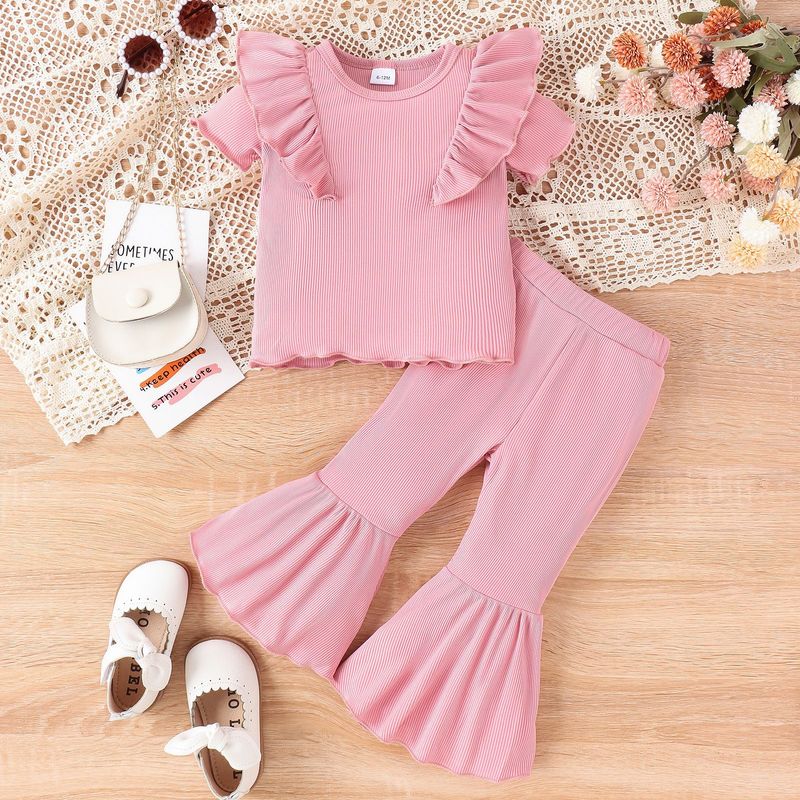 Top a maniche corte a righe multicolori per mamma e bambino + pantaloni svasati_voghion.com