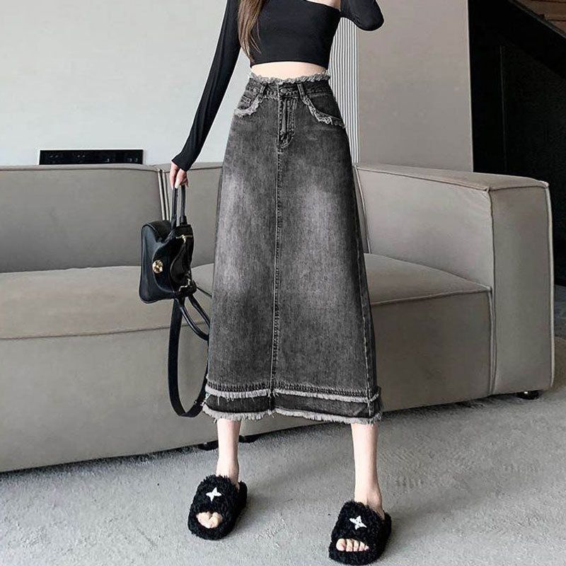 Gonna in denim a mezza lunghezza con bordo robusto per donna, modello a pera, stile Spicy Girl Ins, con gonna a trapezio e dritta_voghion.com