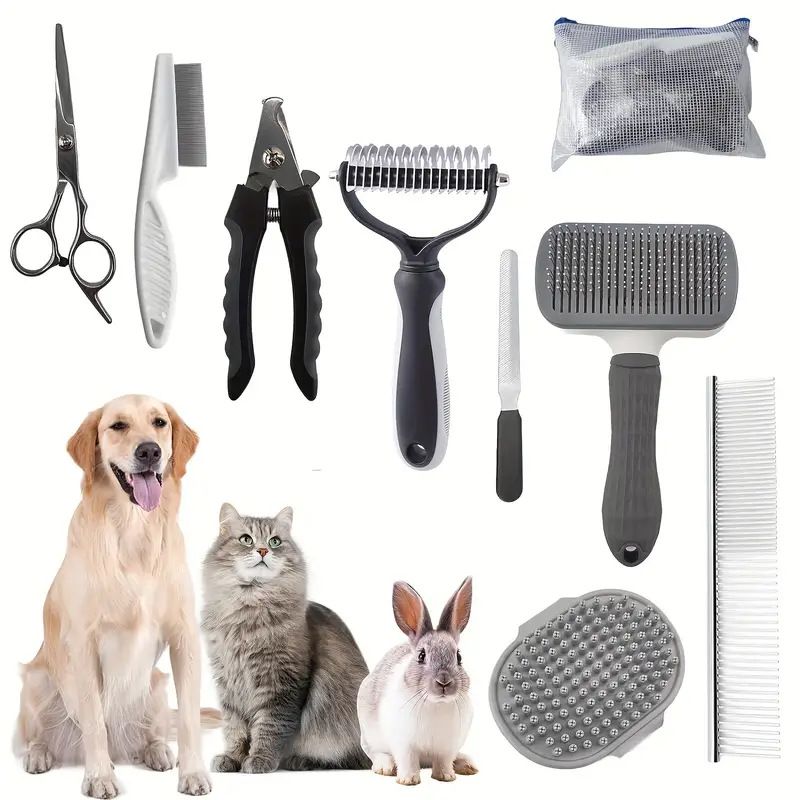 Set autopulente multifunzionale a 9 spazzole, include tagliaunghie per animali domestici e lima per toelettatura di cani e gatti._voghion.com