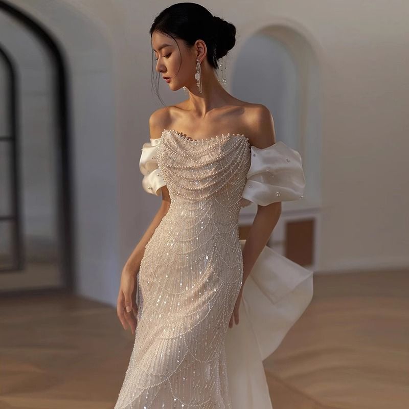 Rochie de mireasă ușoară, de lux, cu un umăr, rezistentă, pentru femei, cu temperament de mireasă, de nișă, pentru banchet, fustă lungă_voghion.com