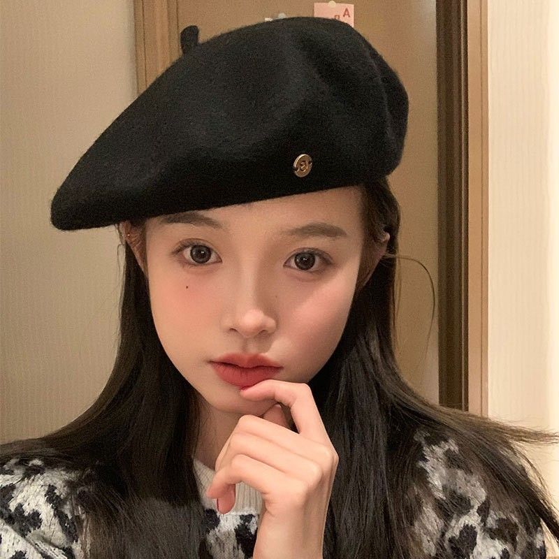 Wool Beret Female British Retro Versatile Black Painter Hat Showing Face Small Autumn and Winter Bud Hat_voghion.com