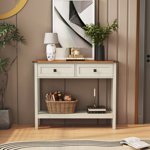 Farmhouse Style Console Table With 2 Drawer And Bottom Storage Shelf For Entryway, Rustic Side Table With Storage Drawer And Shelf For Living Room,_voghion.com