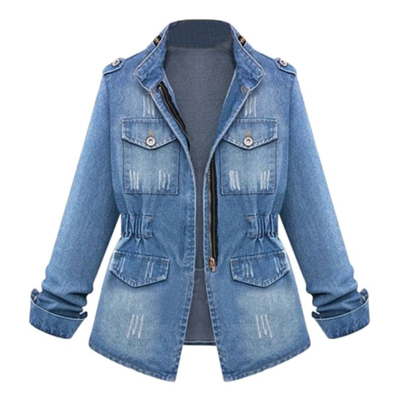 2023 Plus Size Denim Jacket Womens Casual Solid Casual Oversize Autumn Ladies Slim Jeans Chain Jacket Pocket Coat_voghion.com