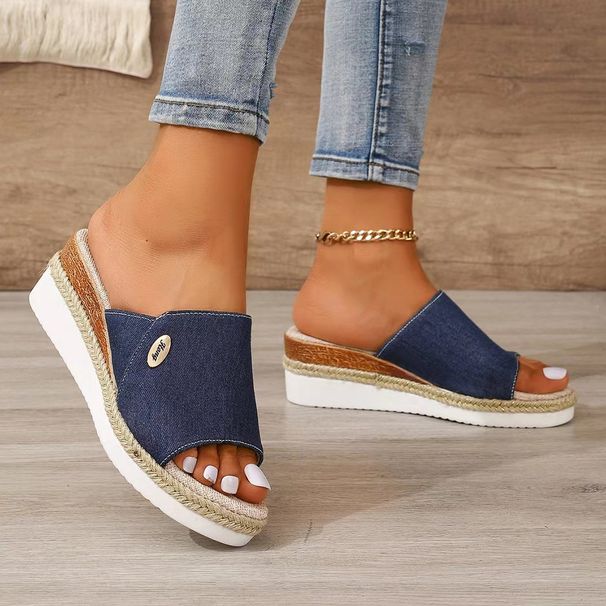 Plus-size Women's Canvas Slippers Wedged Rope Thick Soled Denim Flip-flops_voghion.com