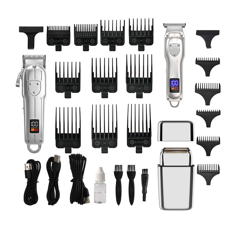 Moeder en kind knipset, digitaal display, elektrische duwschaar, scheermes, gravering van mannenoliekop_voghion.com