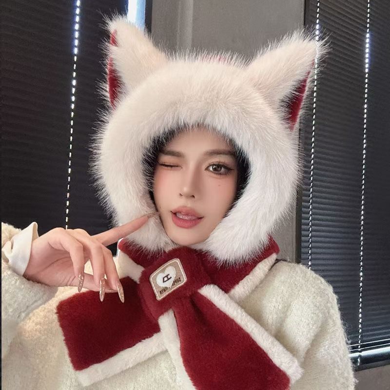 Sciarpa rossa in peluche con orecchie di volpe per donna, scaldacollo di alta qualità per autunno e inverno, cappello caldo da ciclismo_voghion.com