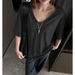 Sommer Koreanisches Oversized T-Shirt mit tief angesetzten Schultern und V-Ausschnitt, kurzärmelig, für Damen, Basic-Oberbekleidung, High-End-Oberteil im Lazy-Style_voghion.com