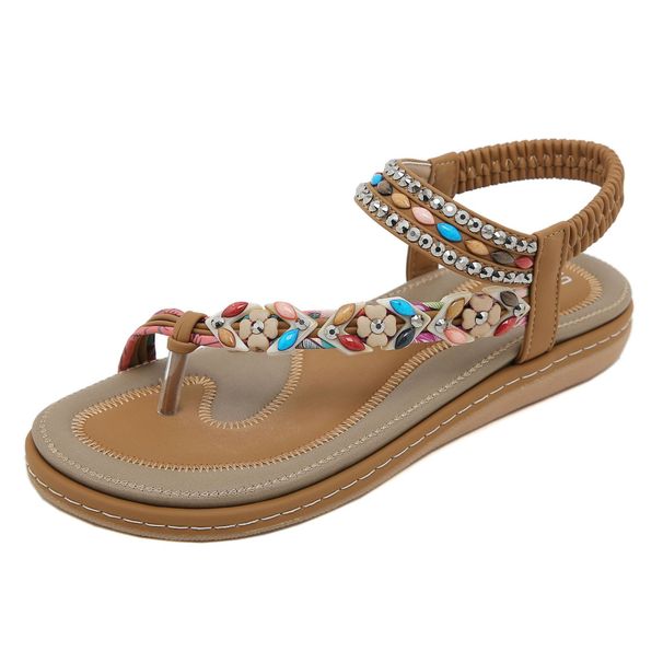 W676-3 New Summer 2025 With Rhinestones Comfortable Casual Beach Round Toe Flat Sandals_voghion.com
