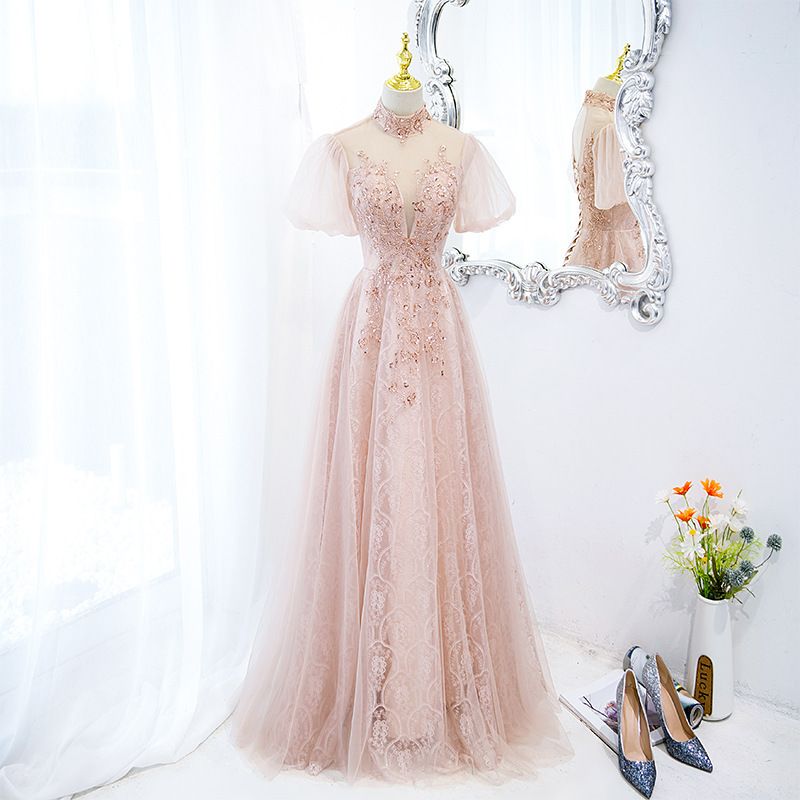 Abito da sera rosa con tessuto a rete di seta, abito da ballo, abito da ballo_voghion.com