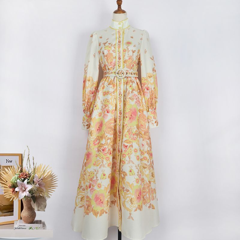 Women's Clothing Fashion Temperament New Long Sleeve Positioning Printing Single-Breasted Buckle With Belt Temperament Waist Dress Long_voghion.com