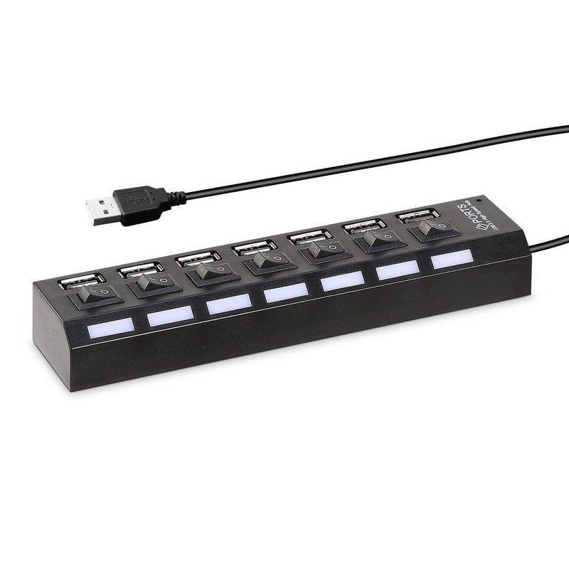 7-Port USB 2.0 Hub High Speed Multiport USB Hub mit individuellen Schaltern und LEDs_voghion.com