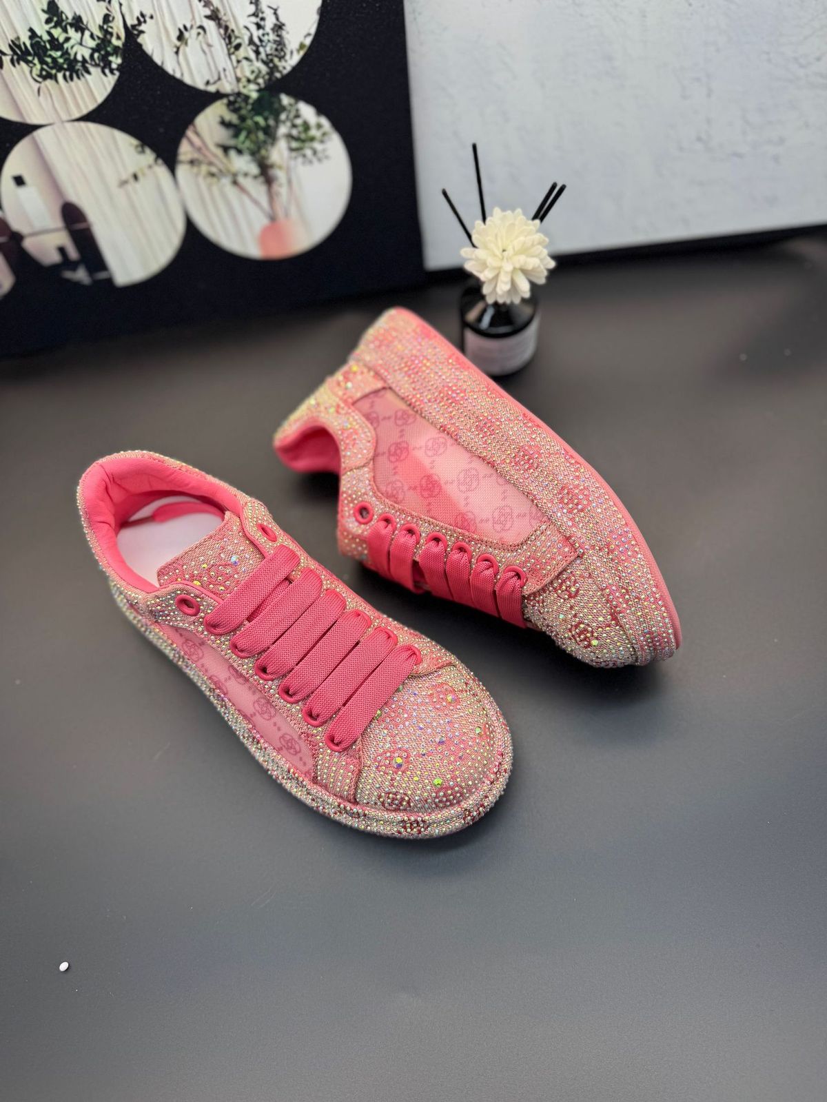 Sneakers con motivo floreale in strass - Scarpe casual basse in mesh traspirante, comode scarpe con plateau e punta tonda con soletta in PU_voghion.com