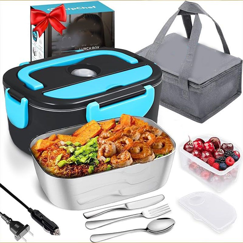 Home & Garden black and blue electric lunch box 1.5 liters 304 stainless steel heating lunch box car student dormitory dual purpose set_voghion.com