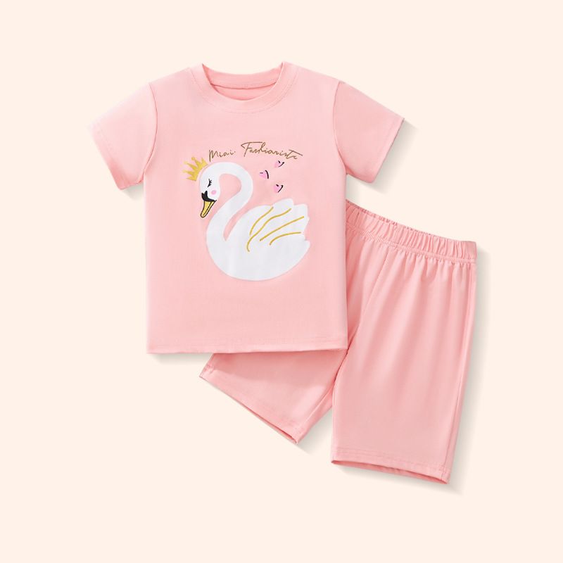 Mother & Kids Summer New Children's Cartoon Casual Fashion Short Sleeved Shorts Suit Sweet And Cute Swan Clothing_voghion.com