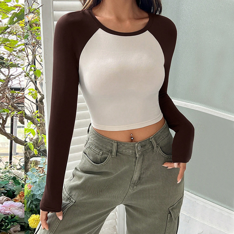 Maglietta a maniche lunghe da donna, aderente, con base patchwork, colore corto_voghion.com
