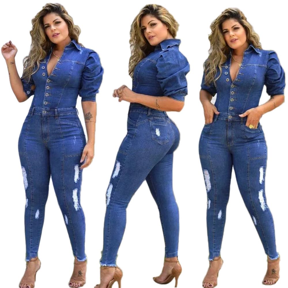 Damenmode, Stapelärmel, Blasenärmel, modisch, lässig, sexy, zerrissene Denim-Strampler_voghion.com