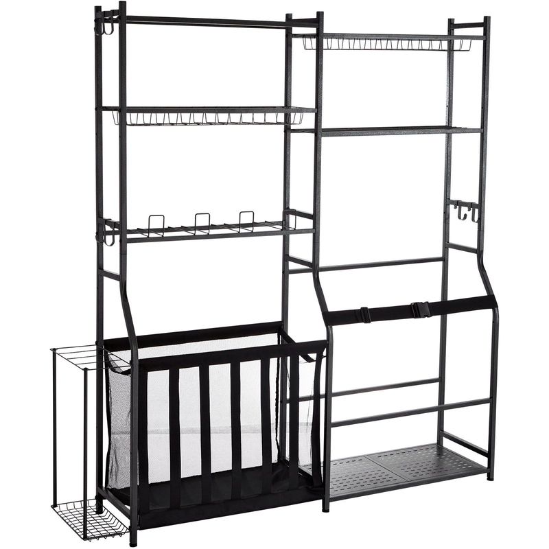 VEVOR Golf Storage Garage Organizer, 2 Golf Bag Storage Stand Holder And Other Sports Equipment Storage Rack, Outdoor Steel Ball Cart, Sports Gear And Toys Storage Shelves With Baskets & Hooks, Black_voghion.com