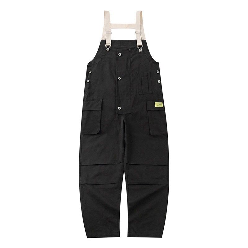 Macacão masculino com vários bolsos, cor sólida, suspensórios soltos, tendência de rua_voghion.com