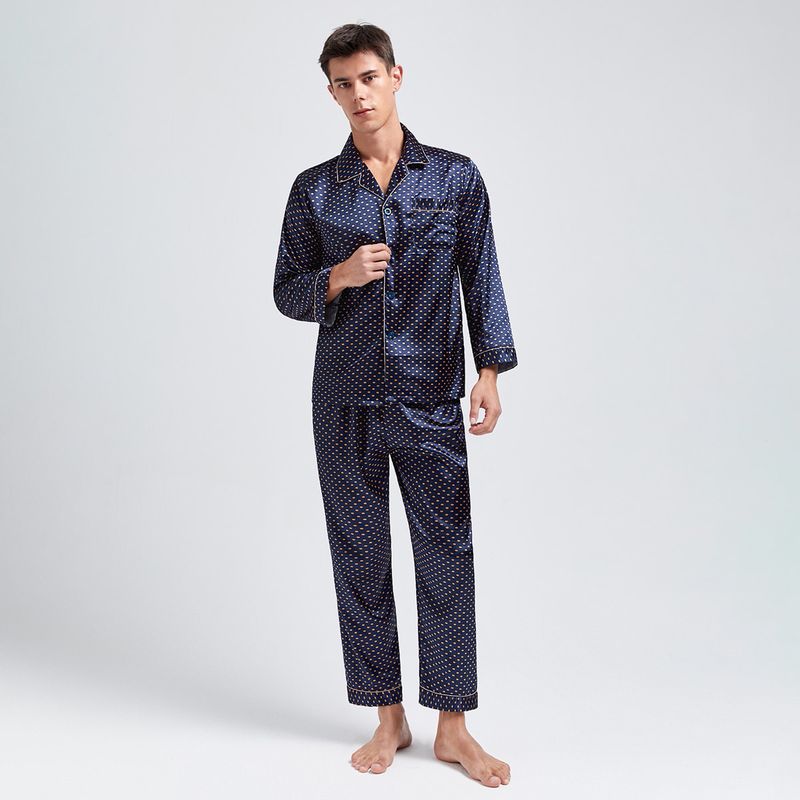 Bedruckter Seidenpyjama für Herren mit langen Ärmeln, große Größe, Heimkleidung, Sommerpyjama aus Eisseide für Männer_voghion.com
