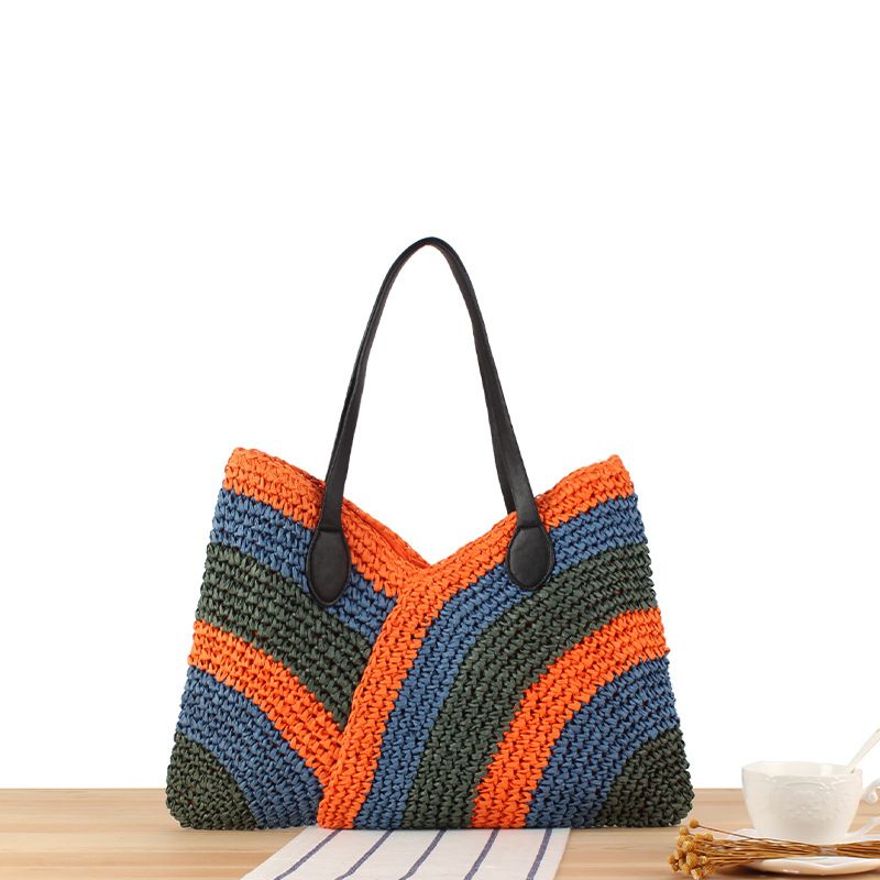 Einkaufstasche, farbenfrohe Patchwork-Sommer-Strandhandtasche, reine handgewebte Tasche, einfache und vielseitige_voghion.com