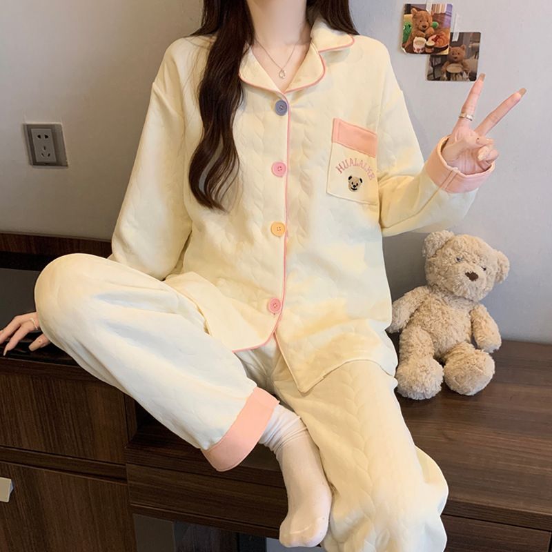 Autumn And Winter Casual Air Cotton Interlayer Thermal Pajamas Women's Loungewear Set_voghion.com