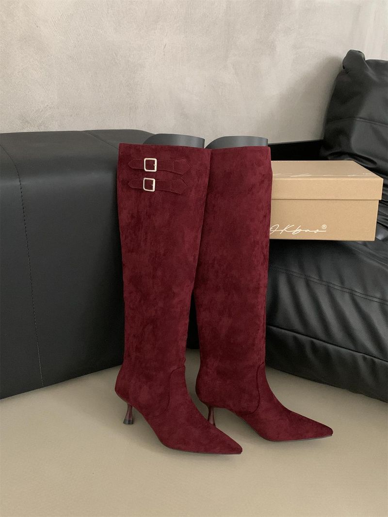 Spitz zulaufende, schmale, lange Stiefel mit hohem Absatz für Damen, rote, französische Ritterstiefel mit schmalem Absatz für Frühling und Herbst_voghion.com