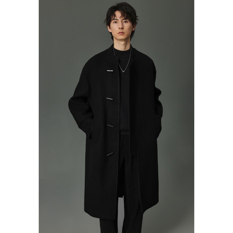 Cappotto di lana con bottoni in corno, da uomo, di media lunghezza, casual, alla moda, da ragazzo, nero_voghion.com