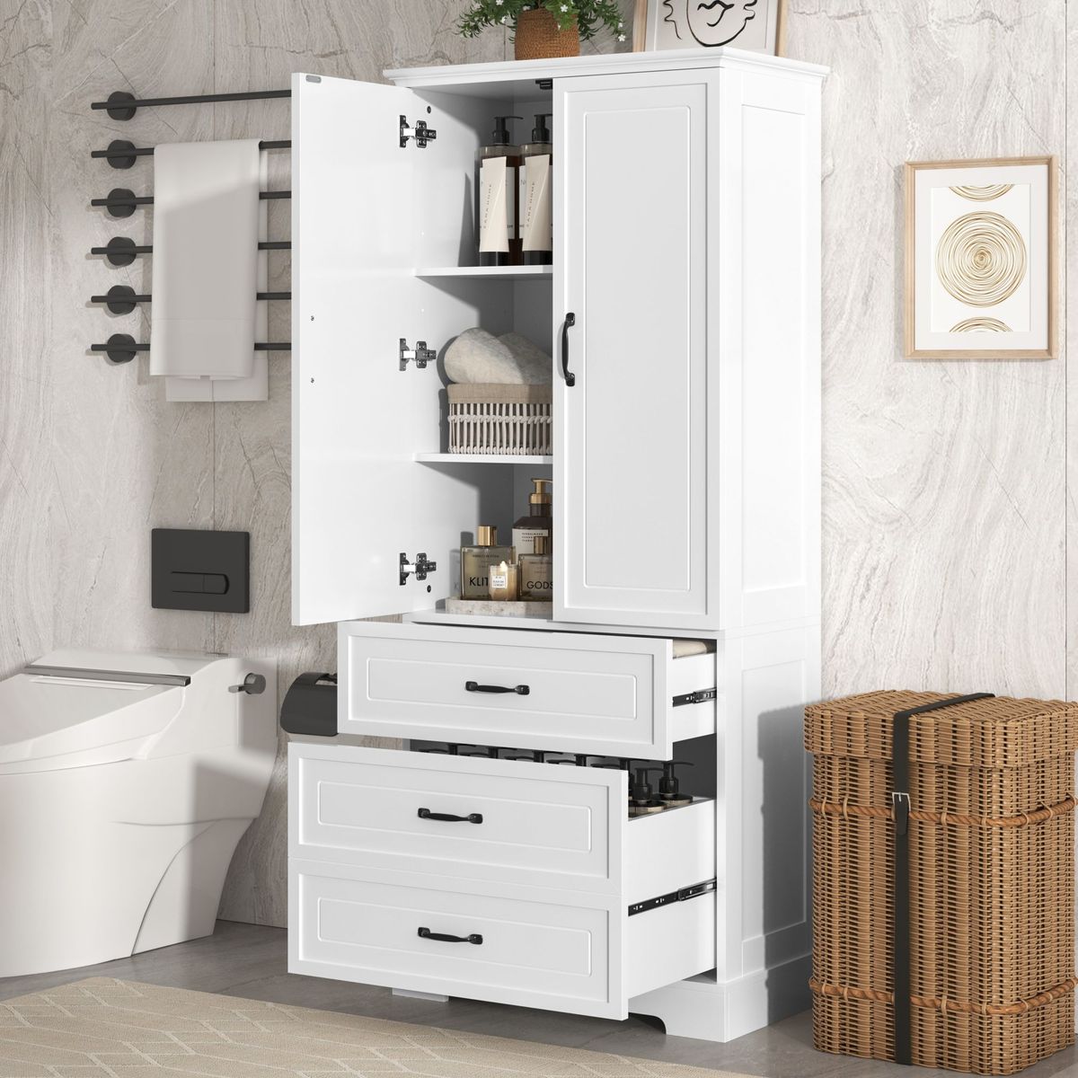 Tall Bathroom Storage Cabinet,Cabinet With Two Doors And Drawers,Adjustable Shelf,MDF Board,White_voghion.com