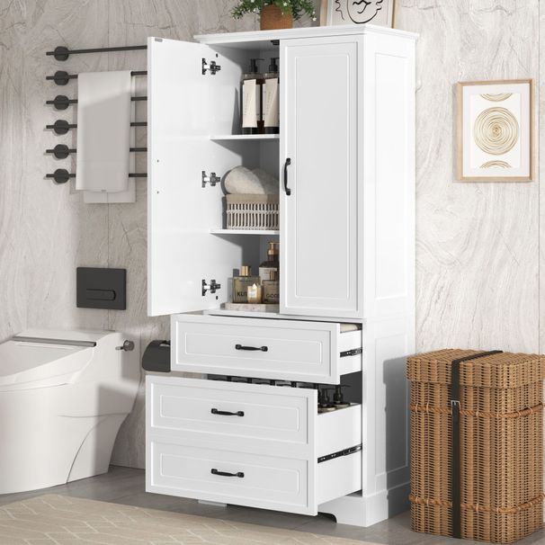 Tall Bathroom Storage Cabinet,Cabinet With Two Doors And Drawers,Adjustable Shelf,MDF Board,White_voghion.com