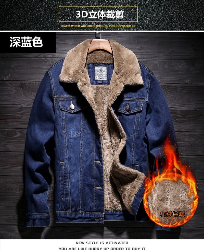 Men's Velvet thickened denim jacket men's autumn and winter new style comfortable warm fashion men's casual jacket lapel long-sleeved shirt_voghion.com
