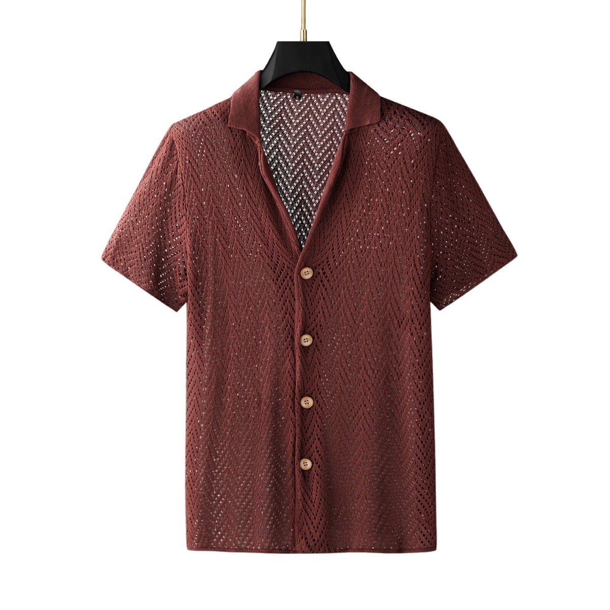 Men's Resort Style Open-Knit Polo Shirt – Breathable Ice Silk Fabric, Crochet Detailing, Relaxed Fit Short Sleeve Cardigan (Red Brown, M/L/XL/XXL)_voghion.com