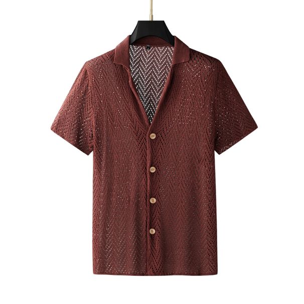 Men's Resort Style Open-Knit Polo Shirt – Breathable Ice Silk Fabric, Crochet Detailing, Relaxed Fit Short Sleeve Cardigan (Red Brown, M/L/XL/XXL)_voghion.com