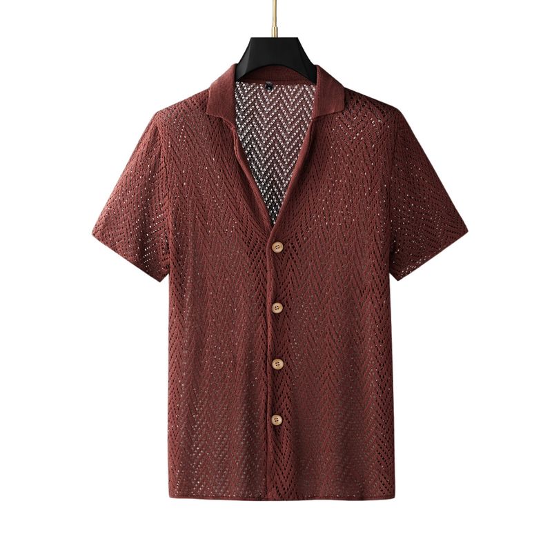 Poloshirt im Resort-Stil mit offenem Strickmuster für Herren – Atmungsaktiver Eisseidenstoff, Häkeldetails, Locker geschnittene Kurzarm-Strickjacke (Rotbraun, M/L/XL/XXL)​_voghion.com