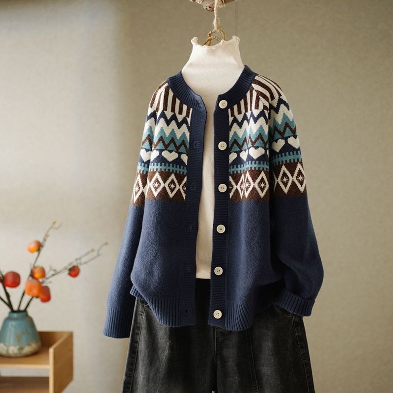Women's Clothing Autumn And Winter Women's Retro Love Jacquard Round Neck Sweater Women's Loose Ethnic Style Sweater Cardigan Jacket Women's_voghion.com