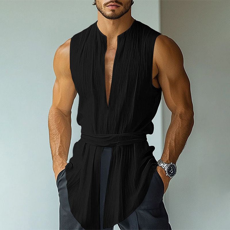 Abbigliamento da uomo, gilet senza maniche con scollo a V, design alla moda con lacci_voghion.com