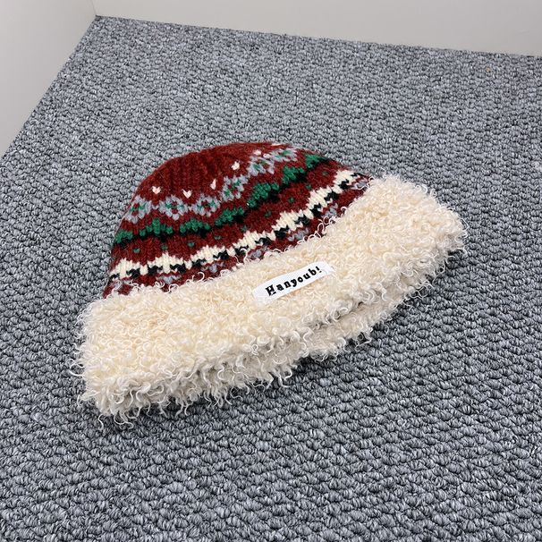 Cappello da pescatore in peluche jacquard patchwork per donna, fa sembrare il viso più piccolo, cappello lavorato a maglia spesso e caldo per autunno e inverno, alla moda._voghion.com